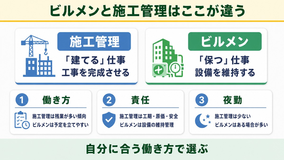 ビルメンと施工管理の働き方・責任・夜勤の違いを比較した図
