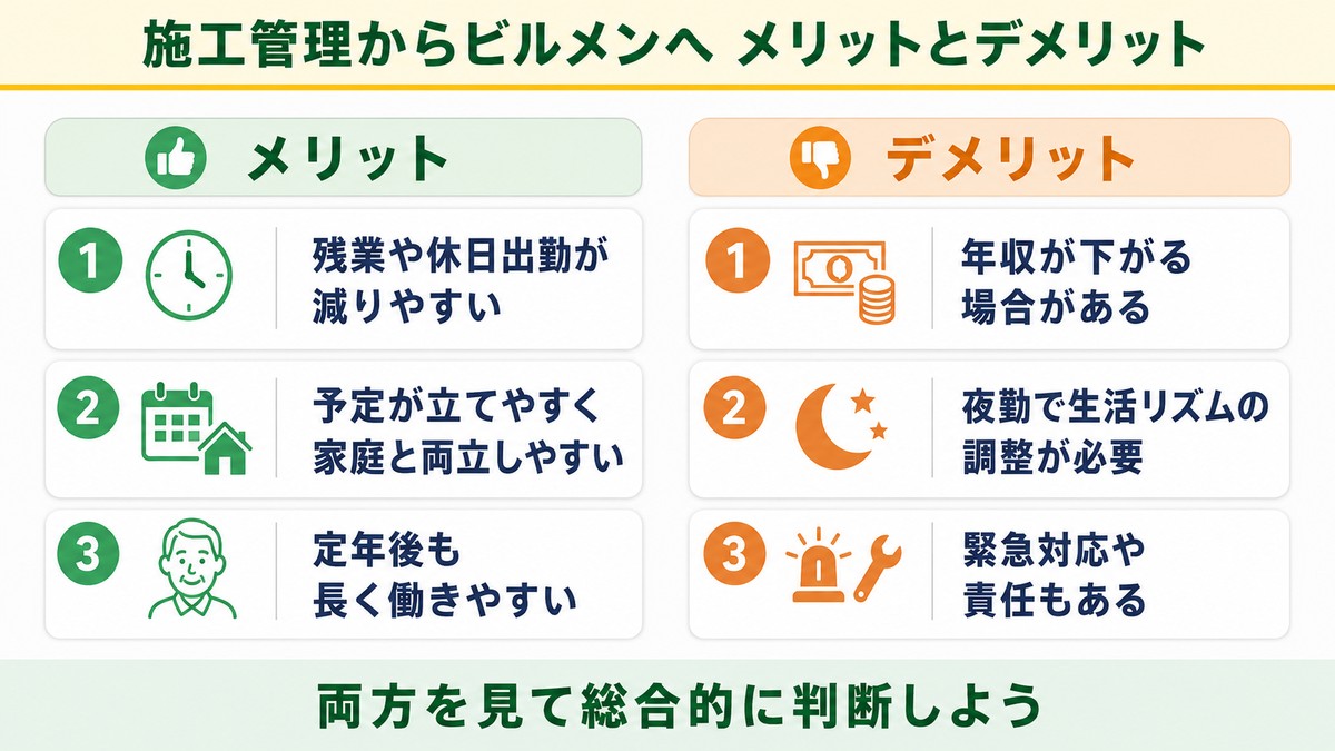 施工管理からビルメンへ転身するメリットとデメリットを整理した図