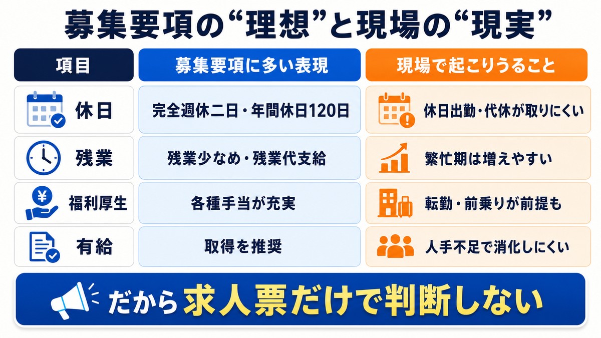 電気施工管理の募集要項の理想と現場の現実を比較した対比図