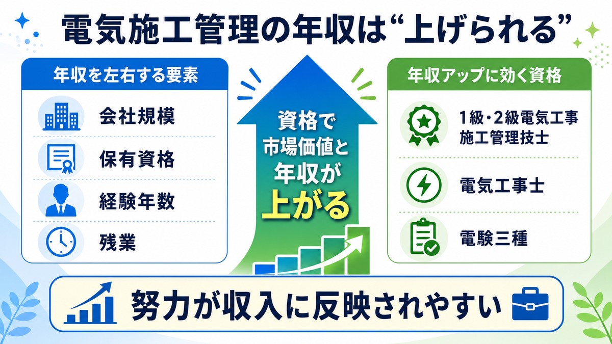 電気施工管理の年収のリアルと資格で上げる方法を示した図