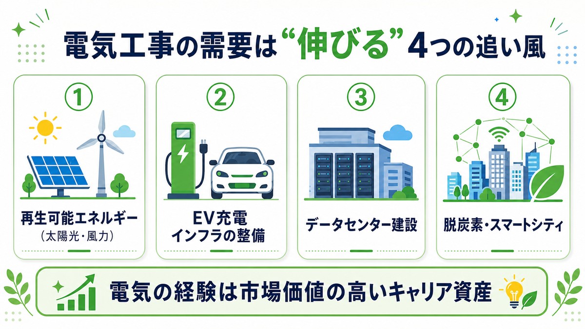 電気工事の需要拡大（脱炭素・再エネ・EV・データセンター）で将来性を示した図