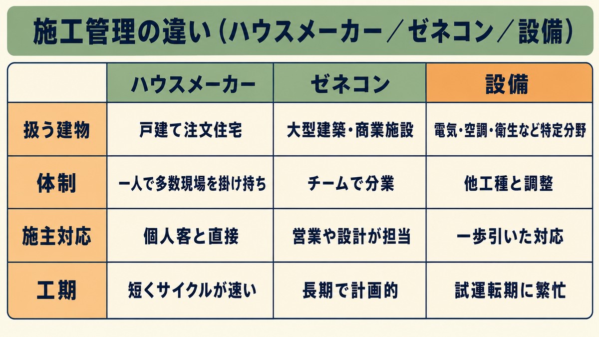 ゼネコン・設備・ハウスメーカーの施工管理の違い（現場の規模・施主対応・働き方）