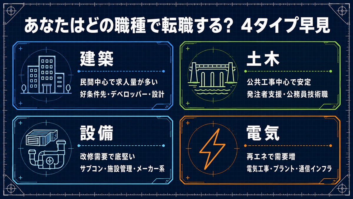 施工管理の転職を職種別に早見（建築・土木・設備・電気の4タイプ）