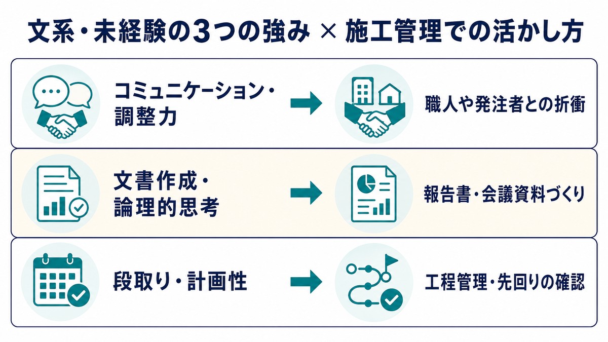 文系・未経験の3つの強みと施工管理での活かし方