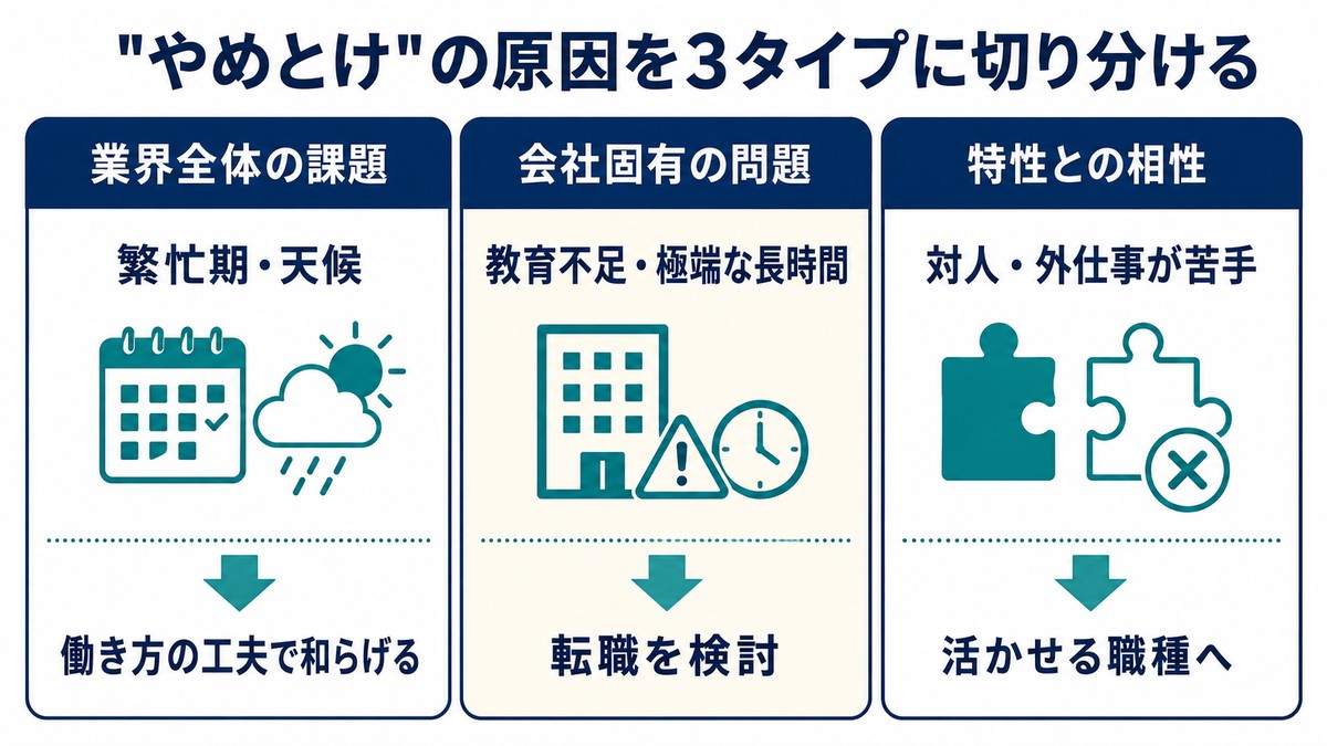 「やめとけ」の原因を業界・会社・特性の3タイプに切り分ける図