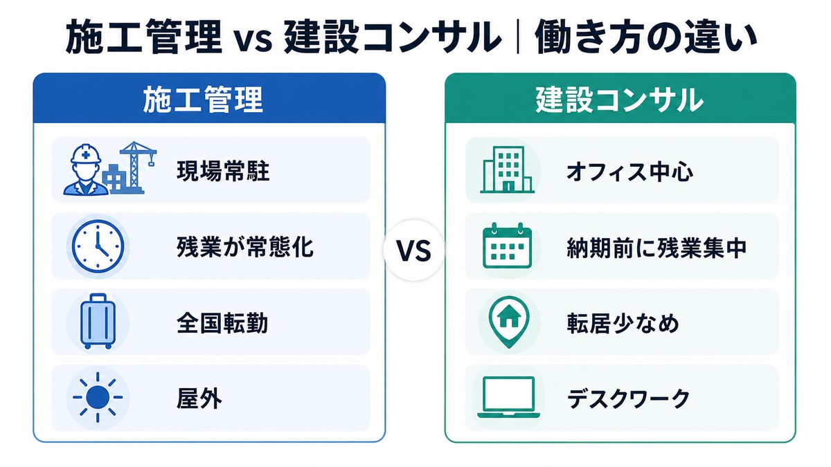 施工管理と建設コンサルの働き方の違い（残業・休日・転勤・勤務場所）