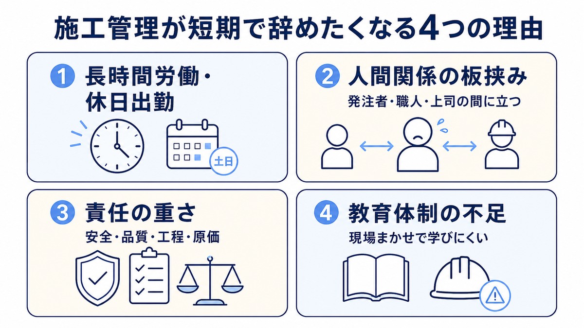 施工管理が短期で辞めたくなる4つの理由（長時間労働・人間関係の板挟み・責任の重さ・教育体制の不足）