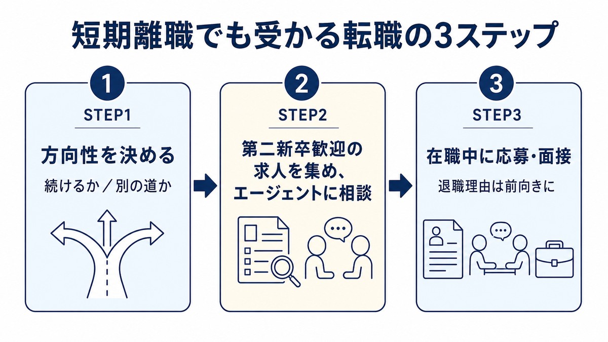 短期離職でも受かる転職の3ステップ（方向性を決める・求人とエージェントに相談・在職中に応募）