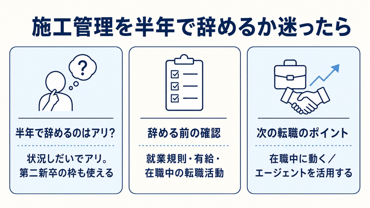 施工管理を半年で辞めるか迷ったときの判断（半年で辞めるのはアリか・辞める前の確認・次の転職）