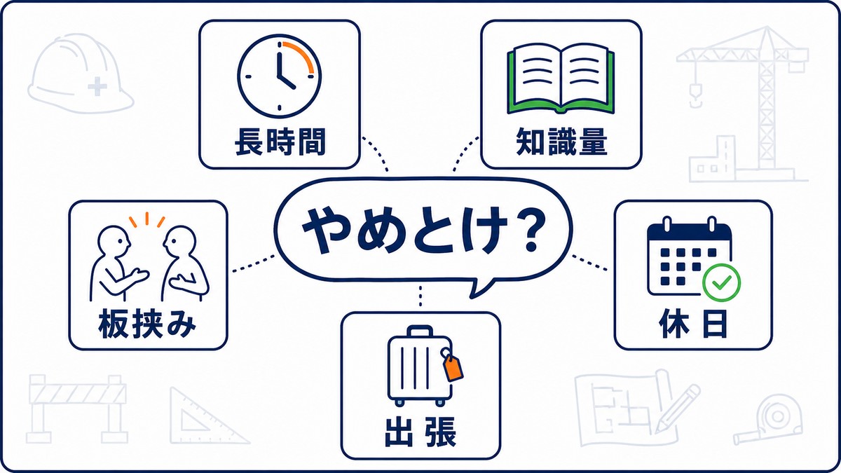 施工管理が「やめとけ」と言われる主な理由（長時間・覚える量・板挟み・休日・出張）