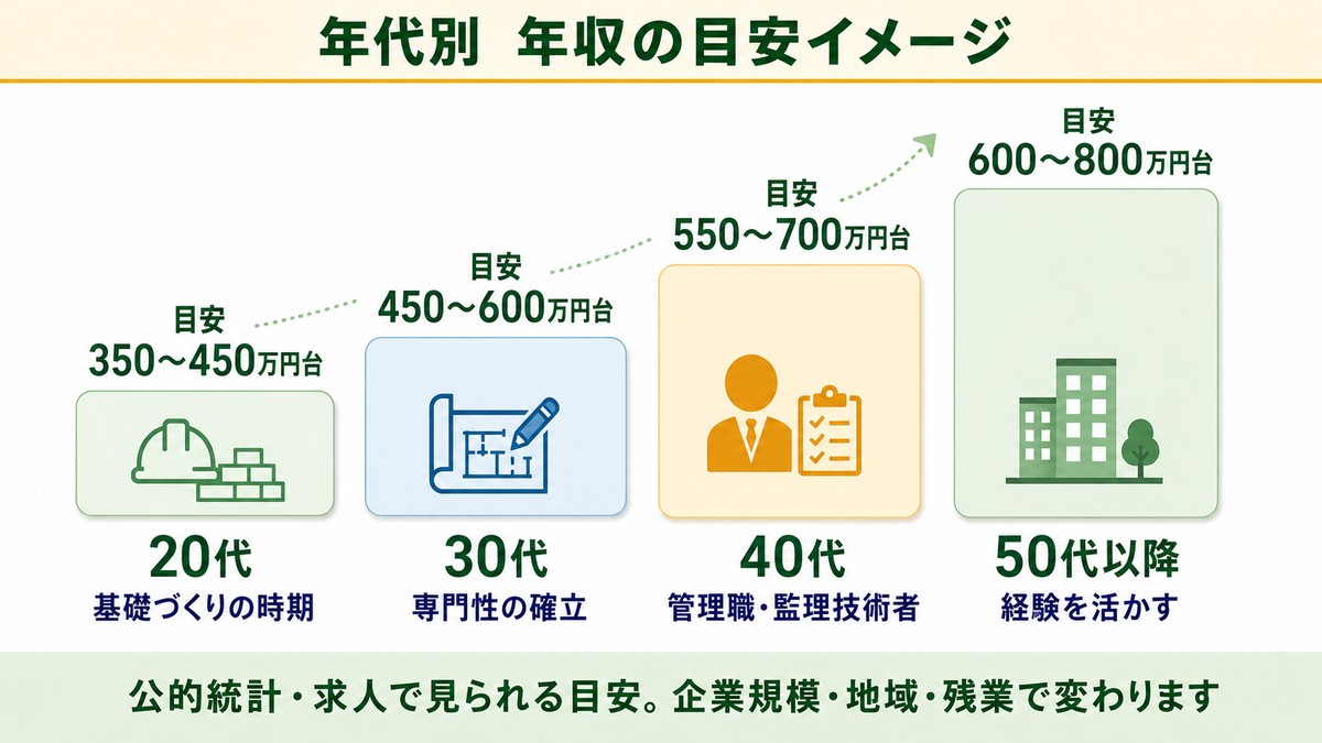 施工管理の年代別の年収の目安(20代から50代以降)