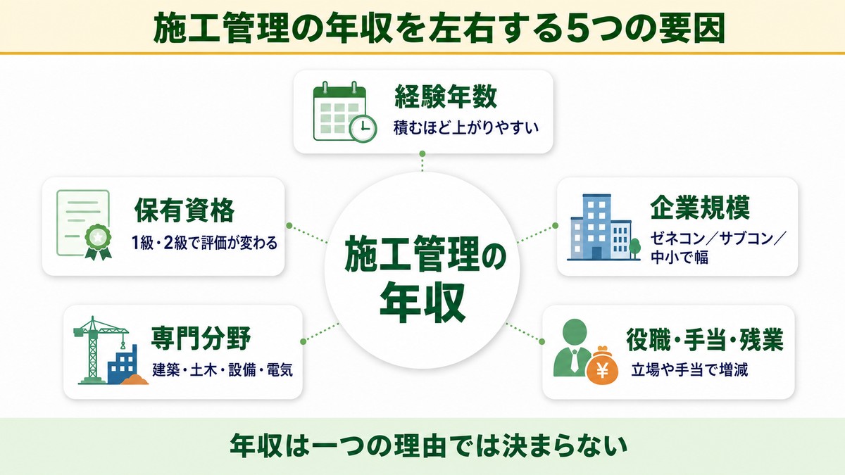 施工管理の年収を左右する5つの要因(経験・資格・企業規模・専門分野・役職)