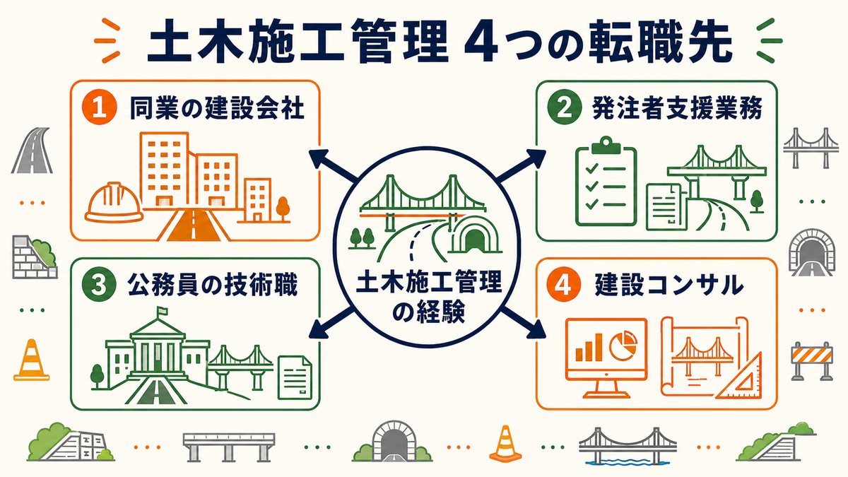 土木施工管理の4つの転職先（同業・発注者支援・公務員技術職・建設コンサル）