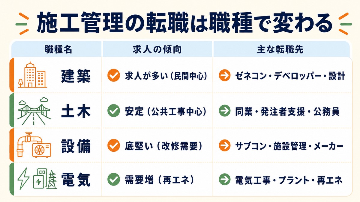 施工管理の転職を職種別（建築・土木・設備・電気）に比較した一覧表