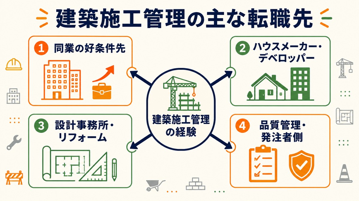 建築施工管理の主な転職先（同業・ハウスメーカー・設計事務所・発注者側）
