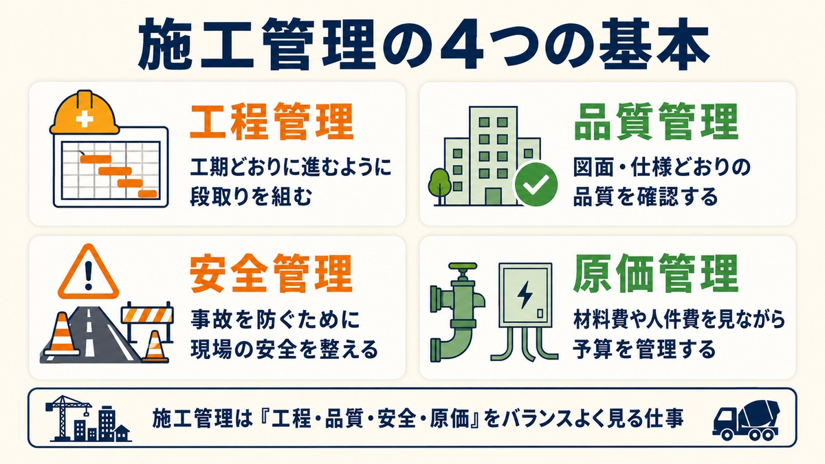 施工管理の4つの基本（工程管理・品質管理・安全管理・原価管理）