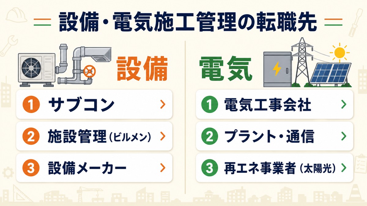設備・電気施工管理の主な転職先（サブコン・施設管理・電気工事・再エネ）