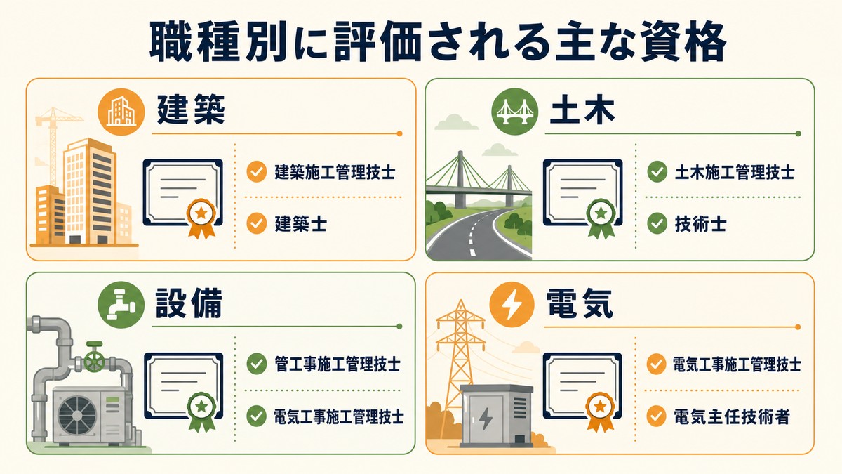 職種別に評価される主な資格（建築・土木・設備・電気の施工管理技士など）