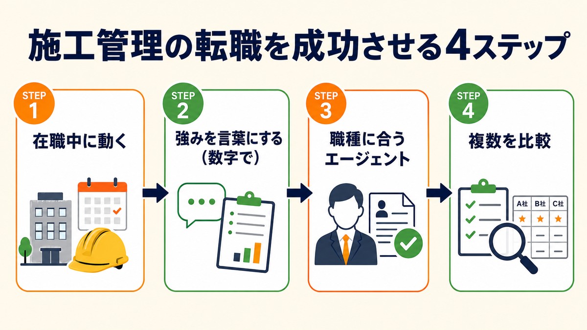 施工管理の転職を成功させる4ステップ（在職中に動く・強みの言語化・エージェント・比較）