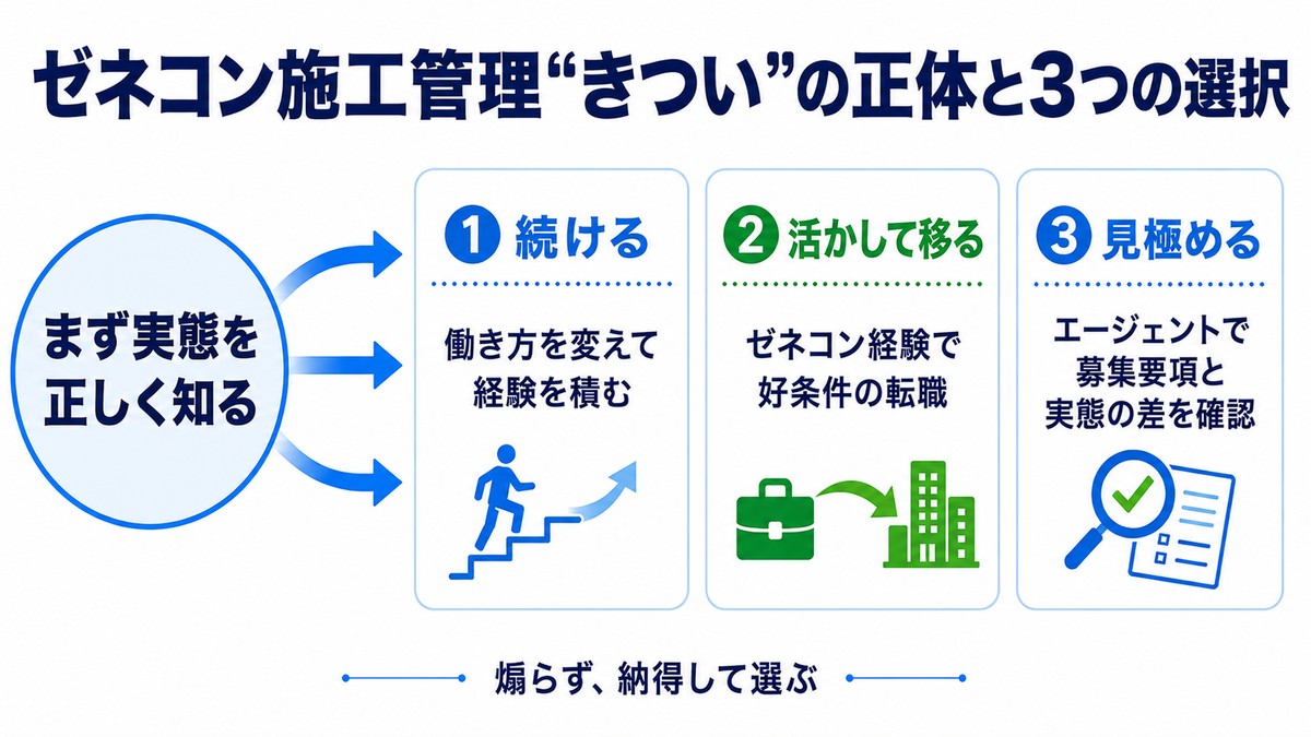 ゼネコン施工管理がきつい実態と3つのキャリア選択を示した全体図