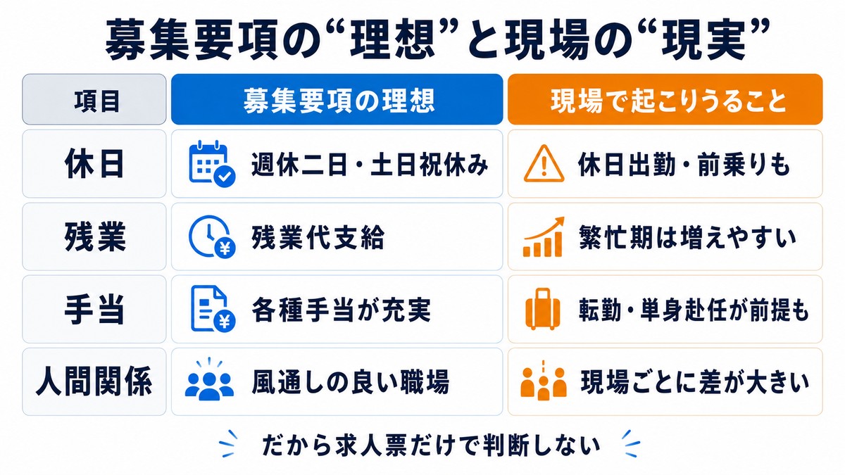 ゼネコン施工管理の募集要項の理想と現場の現実を比較した対比図