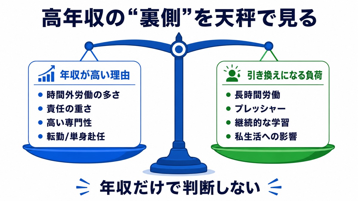 ゼネコン施工管理の高年収の理由と引き換えになる負荷を示した図