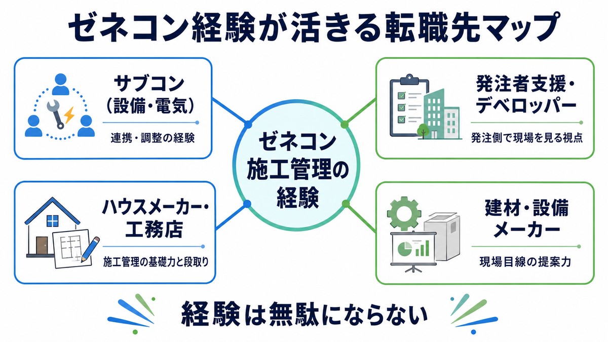 ゼネコン施工管理の経験が活かせる転職先マップ