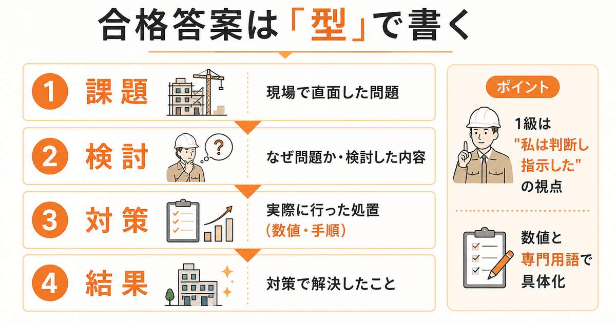 合格答案は課題・検討・対策・結果の型で書く