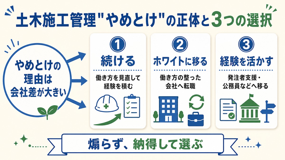 土木施工管理がやめとけと言われる正体と3つの選択を示した全体図