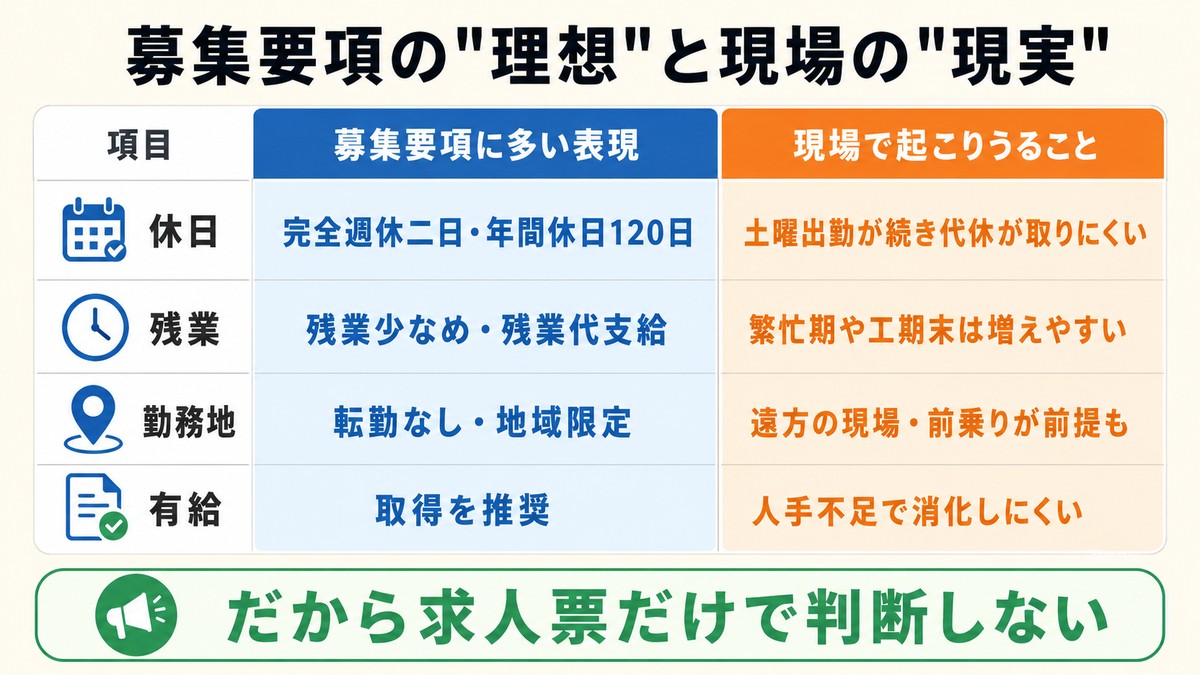 土木施工管理の募集要項の理想と現場の現実を比較した対比図