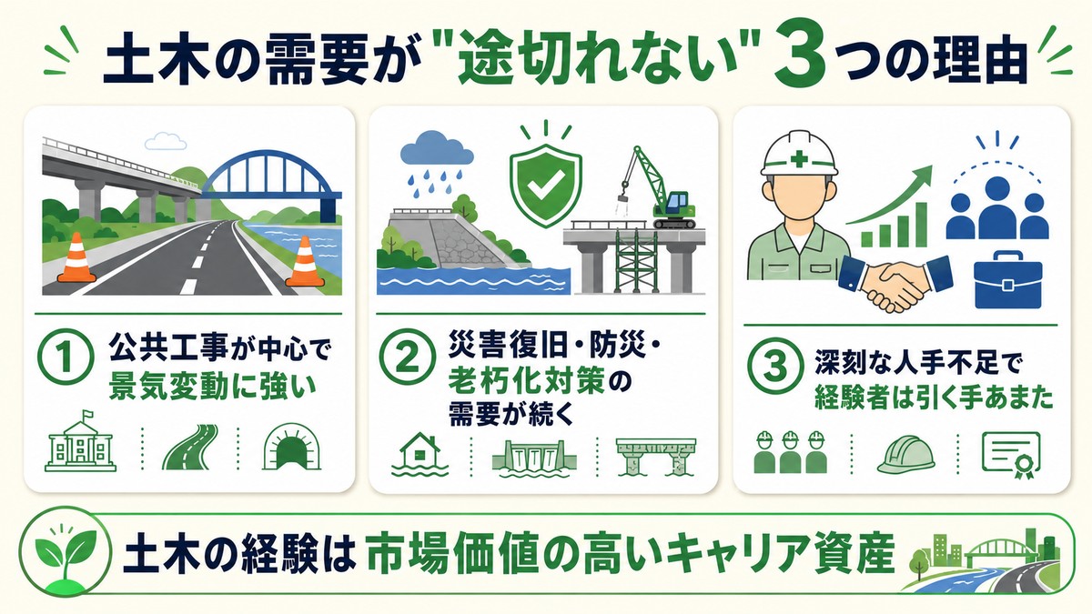 公共工事・防災・インフラ維持で需要が安定する土木施工管理の将来性を示した図