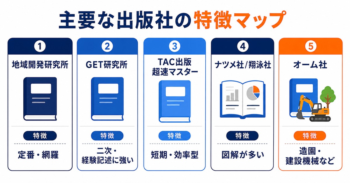 施工管理技士テキストの主要な出版社の特徴マップ