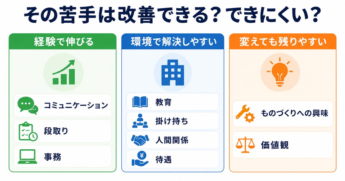 苦手の仕分け（経験で伸びる・環境で解決・変えても残りやすい）