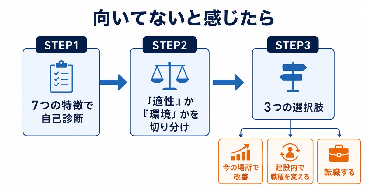 向いてないと感じたら3ステップ（自己診断→適性か環境かの切り分け→3つの選択肢）