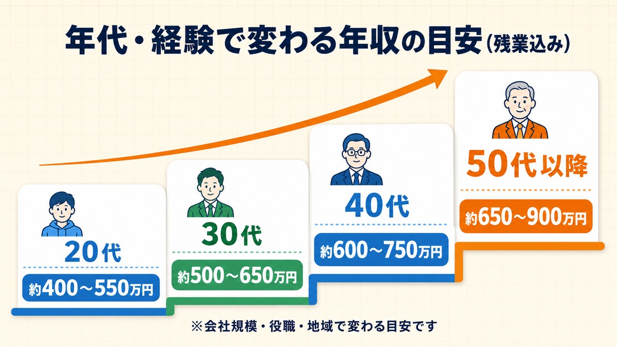 20代から50代以降までの年代別の年収の目安（残業込み）を示した階段グラフ