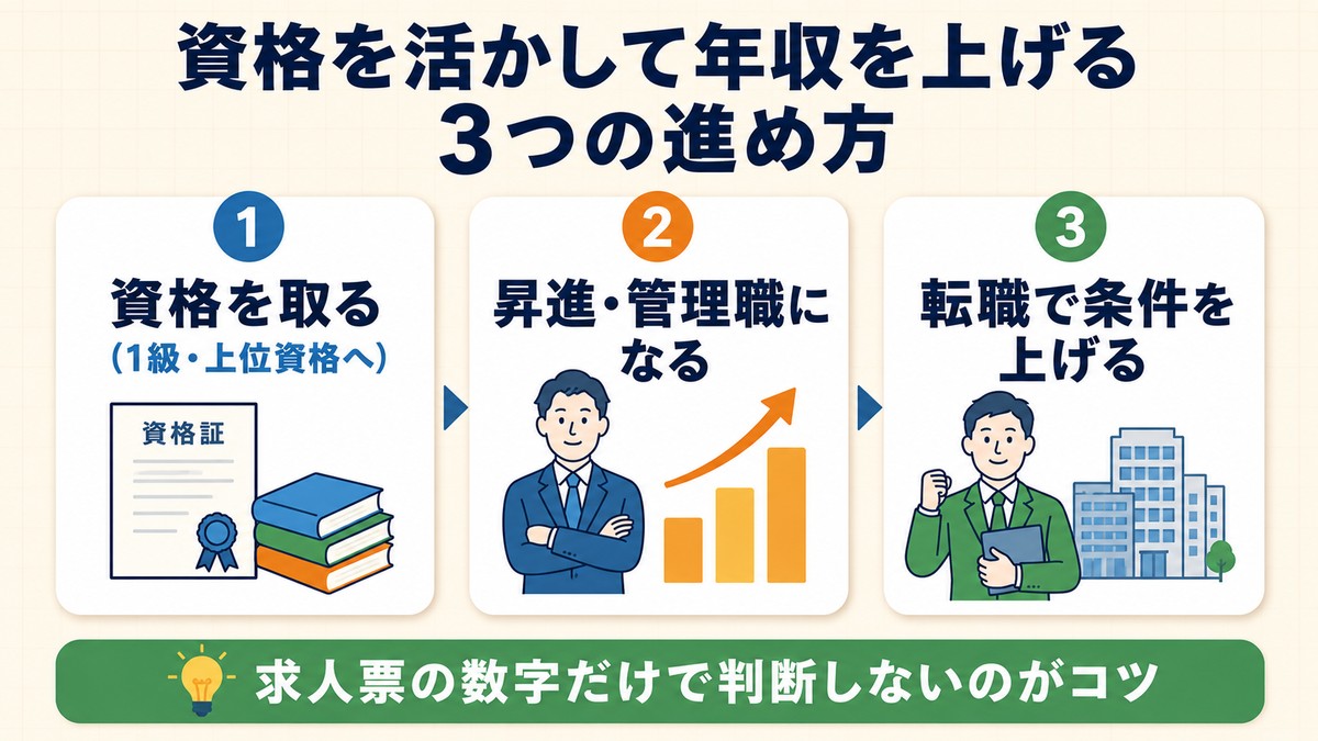 資格取得・昇進管理職・転職という年収を上げる3つの進め方を示した図
