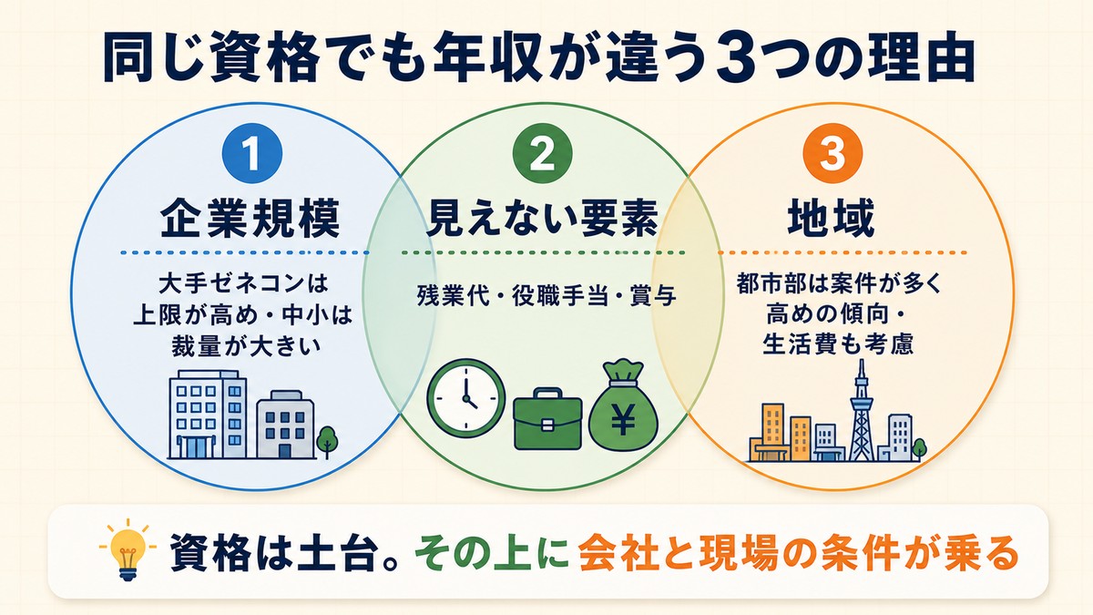 同じ資格でも年収が異なる企業規模・見えない要素・地域という3つの理由を示した図