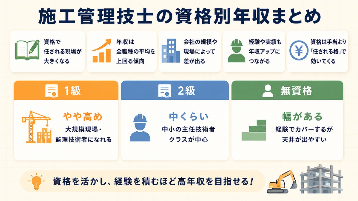 施工管理技士の資格別年収まとめ｜1級はやや高め・2級は中くらい・無資格は幅があるという傾向を示した図