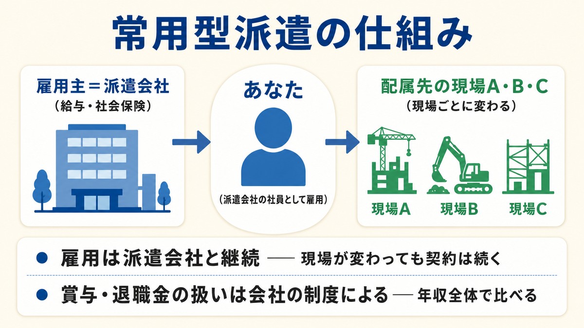 常用型派遣の仕組み（派遣会社に雇用され現場に配属される働き方）を示した図