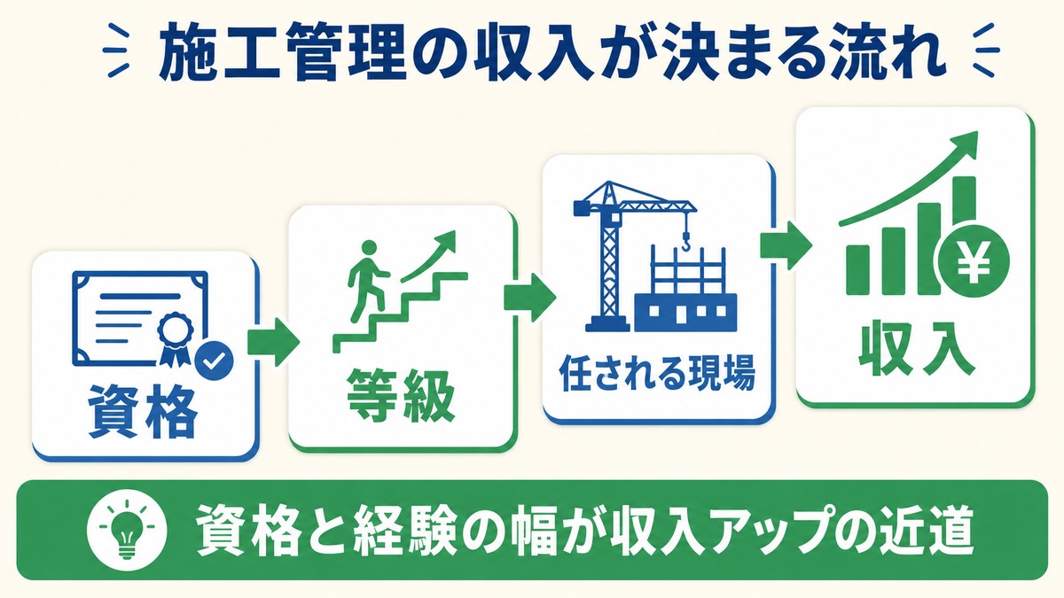施工管理の収入が資格・等級・任される現場で決まる流れを示した図